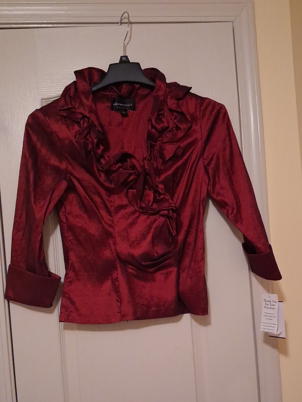 connected apparel Burgundy Ruffle Satin Blazer